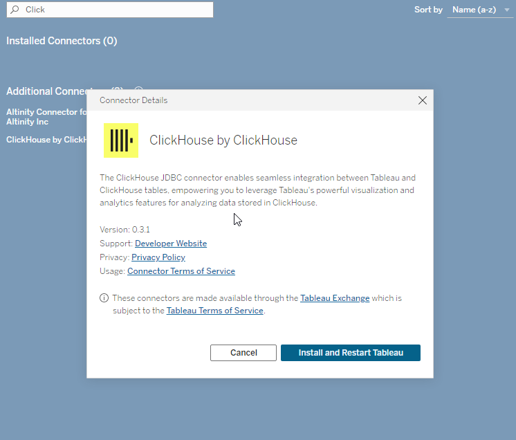Tableau connector installation dialog showing ClickHouse JDBC connector details and install button - Zoomed
