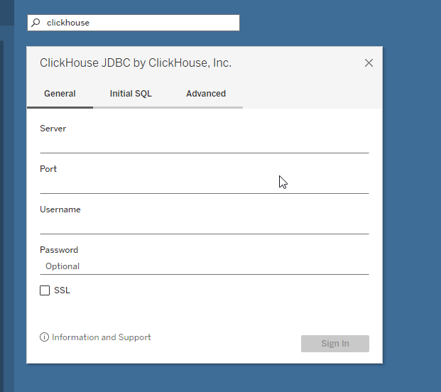ClickHouse connection dialog in Tableau showing fields for server, port, database, username and password - Zoomed