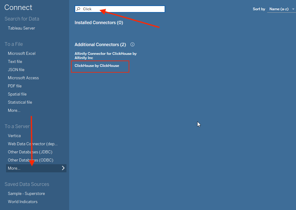 Tableau connection screen showing the connector selection menu with ClickHouse by ClickHouse option highlighted - Zoomed