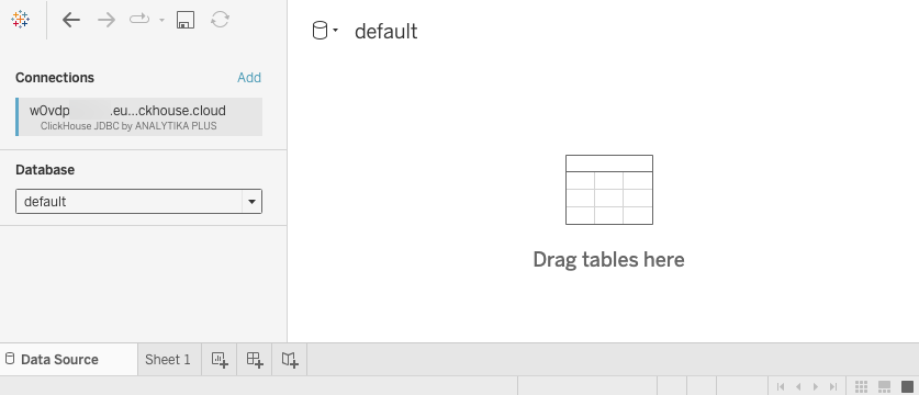 New Tableau workbook showing the initial connection screen with database selection options - Zoomed
