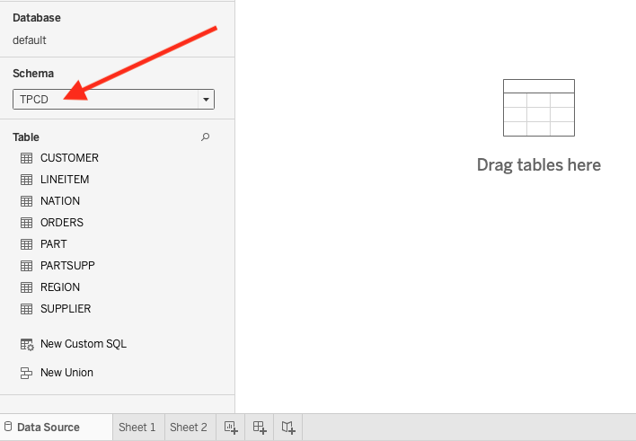Tableau schema selection showing TPCD database tables including CUSTOMER, LINEITEM, NATION, ORDERS, and others - Zoomed