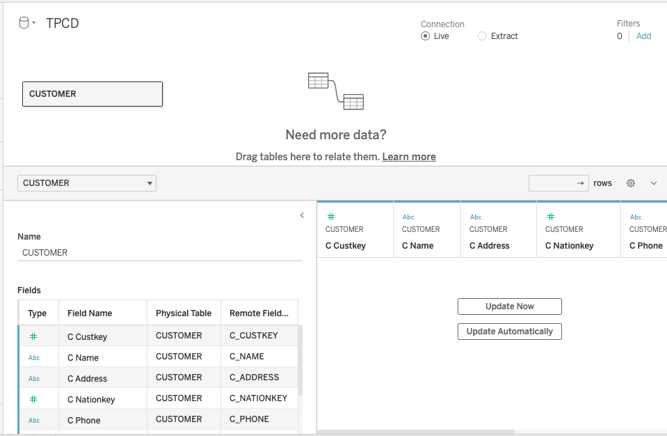 Tableau workbook with CUSTOMER table dragged to canvas showing column headers but no data - Zoomed