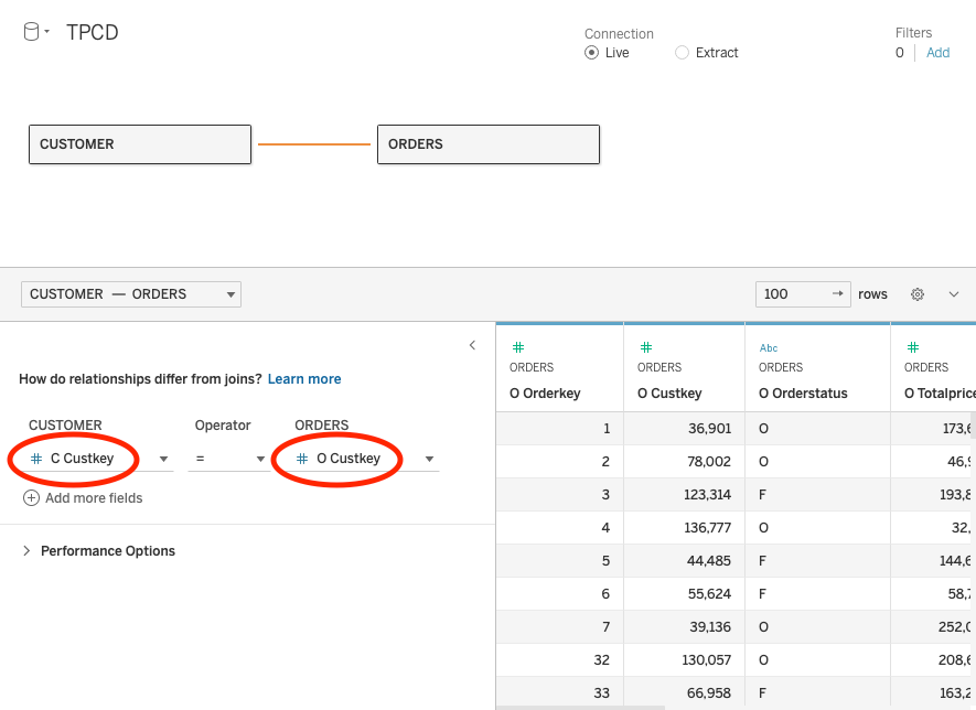 Tableau relationship editor showing connection between CUSTOMER and ORDERS tables using Custkey field - Zoomed